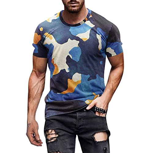 Camisa a cuadros para hombre con cuello redondo y estampado de camuflaje, blusa de manga corta, camisas de trabajo para hombre, azul, L