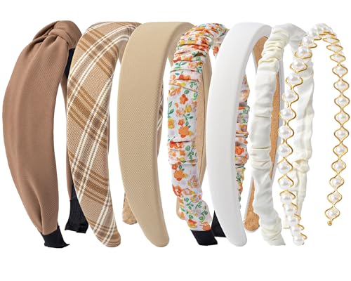 Sunolga 7 Pack Brown Headbands for Women Girls Non Slip Floral Padded Hairbands Cute Pearl Head bands Wide Headbands Trendy Hair Accessories