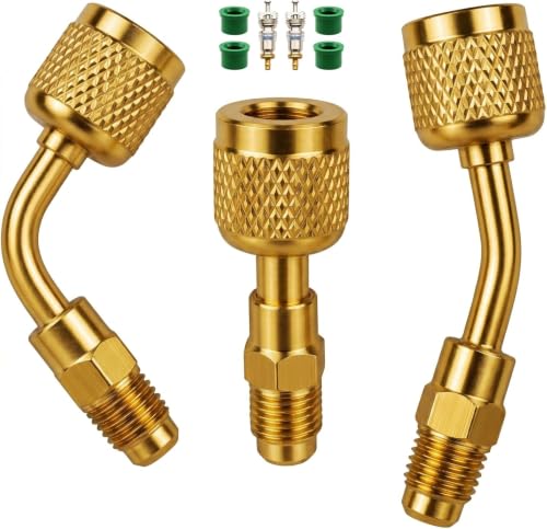 3Pcs A2L R32 R454B Refrigerant Adapter Kit, Brass 1/4" LH to RH Reverse Thread Fittings, Straight 45° 85° Angled for Multiple HVAC Repair Scenarios, Non-slip Handle for Mini Split & Refrigerant Tank by MASITE PCWJ - Used condition - US$17.41
