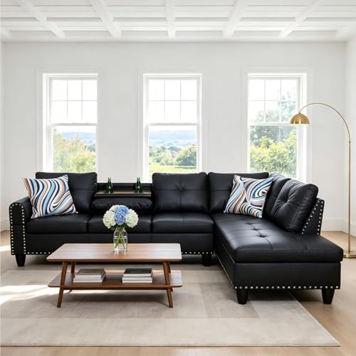 Trygoal L-Shaped Sectional Sofa, Modern 4-Seat Couch with Built-in Cup Holders, Leather Sectional Couch with Right Facing Chaise for Living Room, Apartment, Office, Black