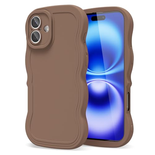 oakxco Girly Silicone Case for iPhone 16, Wavy Curly 16 Phone Case for Women Aesthetic, Y2k Cute Wave Frame Ripple Design, Soft Rubber Matte Plain TPU Bumper Case, Brown Fall