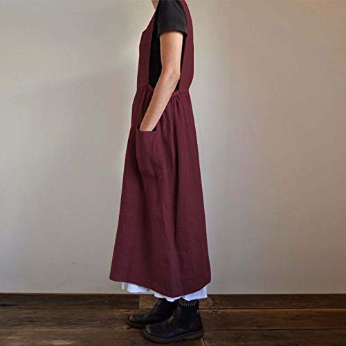 Tshirt Dress For Women Girls Vintage Pleated Pockets Apron Gardening Works Cotton Overall Smock Pinafore Dress Wine #TOP2