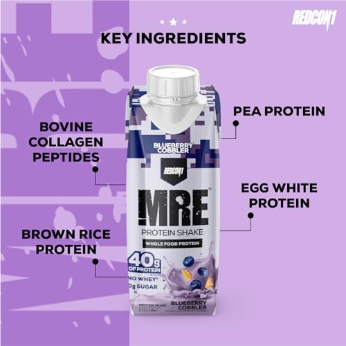Image of REDCON1 MRE Ready to Drink Protein Shakes, Blueberry Cobbler - Lactose + Whey Free RTD Protein Made with Real Whole Food Protein Blends - Keto-Friendly and Easy to Digest Nutritional Shake (12 Pack)