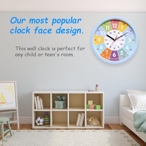 Calenxy Wanduhr für Kinder, 25 cm Analoge Kinderuhr ohne Tick Geräusche mit lautlosem Lernuhr zum Lernen der Uhrzeit Uhrwerk Kinderuhr der Uhrzei Deko Wand Uhr Kinderzimmer Lautlos für Mädchen Jungen
