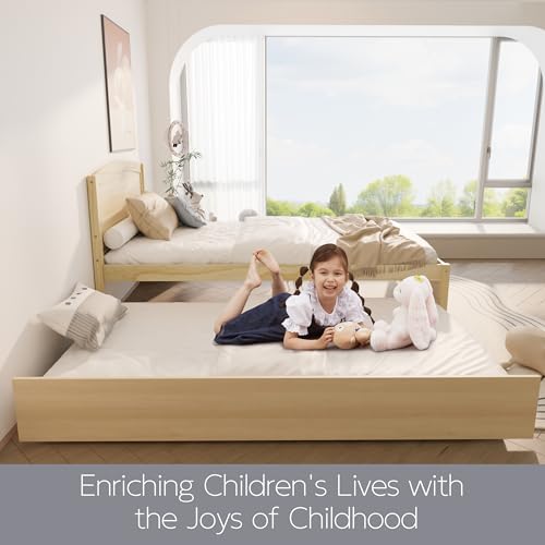 Image of Xilingol Trundle Bed Twin, Solid Wood Bed Frames with Headboard and Wooden Slats Support, Twin Trundle Bed Frame Roll Out, Single Box (No Box Spring Needed)