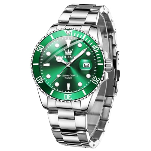 OLEVS Silver Men's Watch, Large Face Stainless Steel Quartz Watch, Classic Easy to Read Luxury Watch Men, A2 Green Dial/Silver Strap, Standard, Bracelet OLEVS Silver Men's Watch, Large Face Stainless Steel Quartz Watch, Classic Easy to Read Luxury Watch Men, A2 Green Dial/Silver Strap, Standard, Bracelet