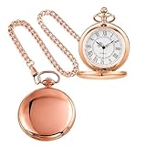 Alwesam Rose Gold Smooth Pocket Watch Rose Gold Steel Quartz Roman Numerals with 37cm Chain for Father's Day Xmas Best Gifts