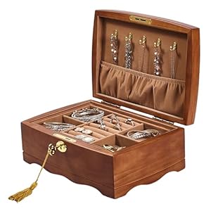 Wooden Jewelry Box with Lock & Key for Women, Medium Size Real Natural Wood Lockable Antique Girls Organizer Boxes with Large Storage, Big Ring Compartments, & Built in Necklace Hooks, Brown