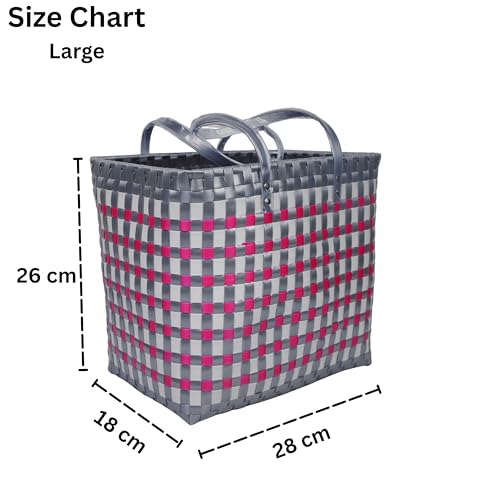 Image of Hand Made Multipurpose Plastic Basket with Lid | Eco-Friendly, Washable, Rust-Free Storage Basket for Kitchen, Picnic, Toys, Travel, Office | Lightweight basket (Pink with Grey, L)