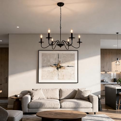 Image of Phaosio Black Chandelier, 6-Light Farmhouse Candle Chandelier 29'', Rustic Industrial Hanging Light Fixture for Dining Room, Kitchen Island, Living Room, Entryway, Bedroom, Foyer