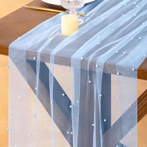 Socomi Pearl Table Runner Tulle Blue Summer Cheesecloth 10FT Gauze Cheese Cloth Sheer Chiffon Dining Wedding Birthday Party Baby Shower Bridal Anniversary Holiday Centerpiece Table Decor