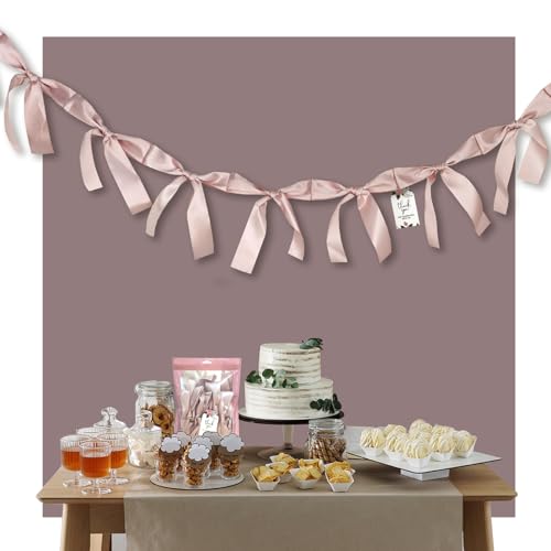 Image of Dusty Pink Bow Garland, Pre-Assembled 6 ft - Single Accent Decoration for Bridal Shower, Baby Shower & Birthday Parties | Soft Matte Satin Bows (Dusk Rose)