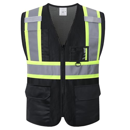 LaienSafety Safety Vest for Men Women,Mesh High Visibility Reflective Vest with Multiple Pockets and Zipper Front,Meets ANSI/ISEA Standards(EK1-178-Black-L)