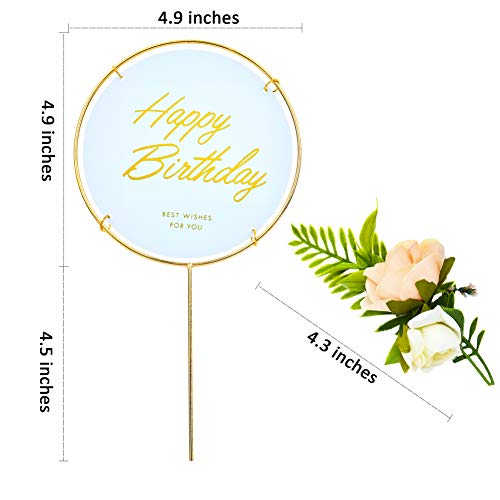 Gold Circle Happy Birthday Cake Topper, Metal And Acrylic Cake Decoration With Pink Artificial Flower Cluster, Birthday Party Supplies For Girls And Women #TOP4