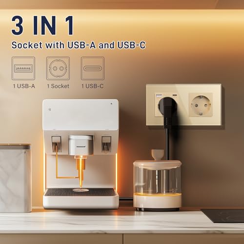 BSEED Doppelsteckdose Schuko Steckdose mit einem USB/Typ C 16Amp USB C Steckdose Unterputz Steckdose Glas Einbausteckdose mit 157mm Wandsteckdose Gold