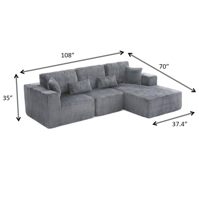 Image of 108 inch Boneless Cloud Sectional Couches for Living Room, Comfy Fluffy L Shaped Memory Foam Deep Seat Boneless Couch, Modular Sectional Sofa with Right Facing Chaise, Dark Grey