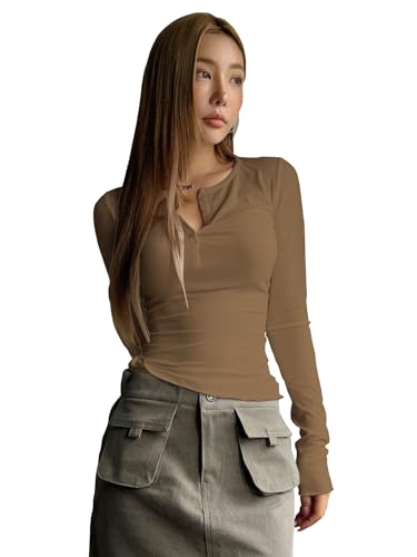 Image of Shasmi Women's & Girl's Long Sleeve Round Neck Solid Color Ruched Workwear Casual Top Half Button Down Henley T-Shirt for Women (Top 128)