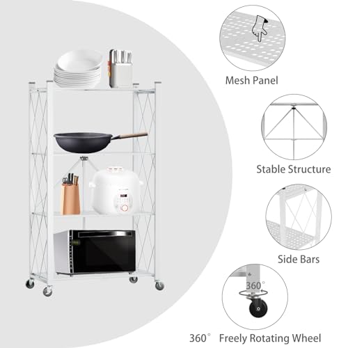 Image of 4-Tier Folding Shelf with Wheels No Assembly Portable Shelves | Folding Shelf Loads 600 LBS,Metal Steel Collapsible Shelves, Rolling Standing Utility Rack for Kitchen, Pantry, Office, White
