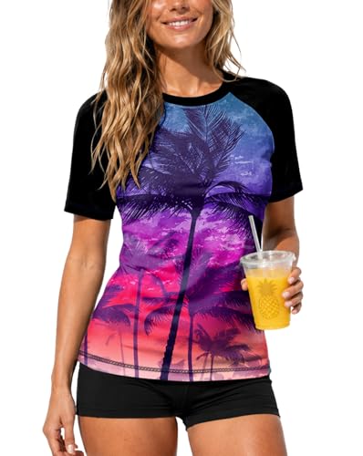 Image of AOBUTE Women Short Sleeve Rash Guard UPF 50+ Tropical Sun Protection Floral Swim Shirts