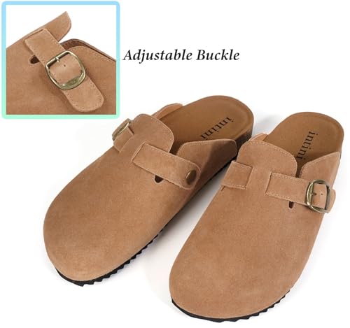 Image of Genuine Suede Clogs Womens Mens Cork Footbed Sandals Potato Shoes | Unisex Suede Leather Mules ,Arch Support,Adjustable Metal Buckle,Cork and Rubber,Wonderful Quality