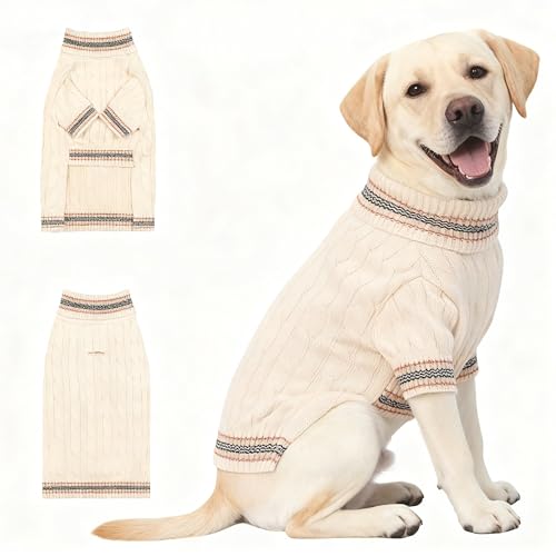 Image of Small /Medium Dog Sweater, Warm Dog Winter Coat w /Sleeves, Comfortable High Neck & Leash Hole, Premium Dog Clothes for Labrador-Best for Holidays, Daily Walks XL White