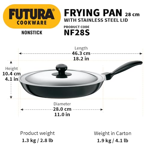 Hawkins Futura 28 cm Non Stick Fry Pan with Stainless Steel Lid, Big Frying Pan, Black (NF28S)