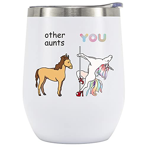 Crisky Funny Unicorn Wine Tumbler Birthday Gifts for Aunt from Niece/Nephew-Unique Gifts for Aunt Birthday Christmas Thanksgiving 12oz Vacuum Insulated Tumbler with Box, Lid, Straw