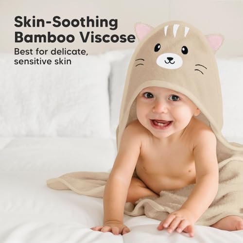 Image of KeaBabies Hooded Baby Towel for Newborn, Baby Bath Towels (Cat, 35x35) | Viscose Derived from Bamboo, Large Baby Towels with Hood, Boys, Girls, Toddler, Soft Absorbent Baby Bath Essentials