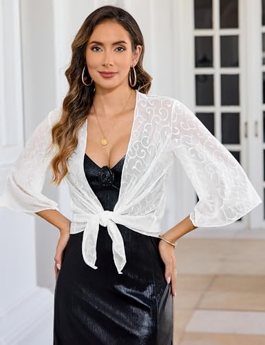 Image of Totatuit Women's Short Cardigan Bolero Sheer Shrug Tie Open Front Bell Sleeve Summer Cropped Bolero Cardigan