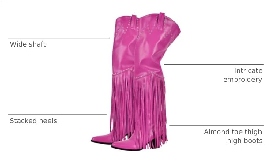 Image of richealnini Western Thigh High Cowboy Boots with Fringe Over Knee Wide Calf Cowgirl Boots