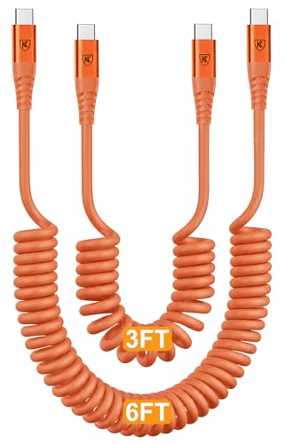 Image of USB C to C Cable [3FT+6FT], 2Pack Coiled USB C Fast Charging Cable for CarPlay, iPhone USB-C Cable /Android Auto USB C Cord USB Type-C Cable for iPhone 17 /16 /15 /Pro Max /Galaxy S26 S25 and More-Orange