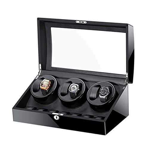 QWAXTRIW Reloj Winder Automático Reloj Winder Scook para Reloj Caja de Reloj Negro Plano Acabado en Vidrio Tapa de Cuero Silencioso, Negro, 8+9 Reloj Winder