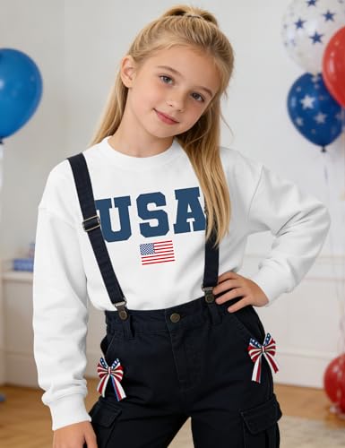 Image of Ithalt Kids USA Sweatshirt Boys Girls 4th of July Shirt American Patriotic Pullover with Embroidered Side Slits 5-14y
