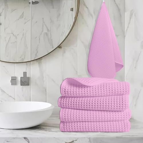 Image of Pure Cotton Waffle Towel | Lightweight | Anti Microbial and Water Absorbent | Soft Touch Quick Drying Hand Towels (Pink, Pack of 4)