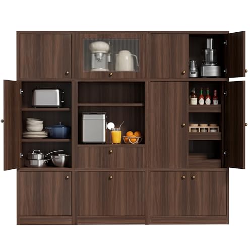 OMCHOM 3-Piece 71" Tall Kitchen Pantry Cabinet Set, Modular Expandable Storage System with Narrow Slim Cabinet, Microwave Coffee Station Hutch, Adjustable Shelves, Pull Out Drawers-ABC-Walnut