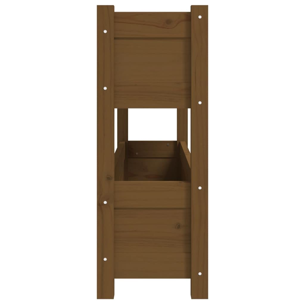 Jardinera de madera maciza de pino marrón ámbar 112 x 25 x 66 cm con 2 macetas, jardinera elevada para jardín, balcón o patio, estructura estable para plantas, flores, hierbas aromáticas,