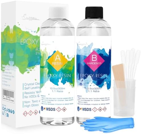 Suzzam 600ml 1:1 Glasklar Epoxidharz Set mit Härter | Geruchsarmes Gießharz-Set mit Handschuhen, Messbechern, Holzstäbchen und Pipetten für Schmuck und Tischplatteherstellung