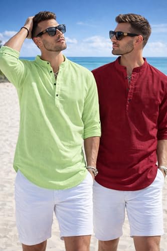 Image of Men's Cotton Blend Straight Kurta Shirt Combo with Mandarin Collar - Slim Fit Casual Short Kurti Set Featuring Textured Slub Fabric and Roll-Up Full Sleeves