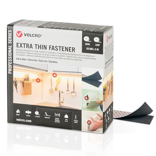 VELCRO Brand - Extra Thin Low Profile Hook & Loop Fastener - Heavy Duty Professional Hold with a Flush Surface to Surface Mount - 50mm x 5m - Black