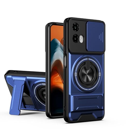 Image of Back Cover for Motorola Moto G85 5G | Armor Camera Slider 360 Degree Rotating Finger Ring Holder Case with Bracket Stand Back Case Cover (Blue)