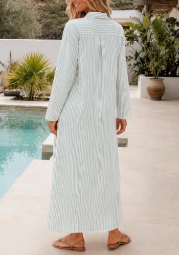 Image of Ladyful Women's Cotton Linen Maxi Dress Summer Long Sleeve Shirt Dress