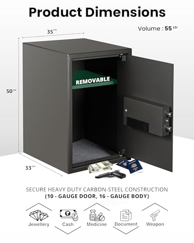 Image of Equal 48L SecureLitePro Safe Locker for Home | Digital PIN Code + Emergency Key | 10-Gauge Steel Door | 3 Year Warranty | 48 Litre - Grey