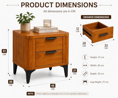 Image of Solid Sheesham Wood Bedside Table for Bedroom & Livingroom | Nightstand End Table with 2 Drawers Storage for Home | Modern & Luxury Design| (Honey Finish)
