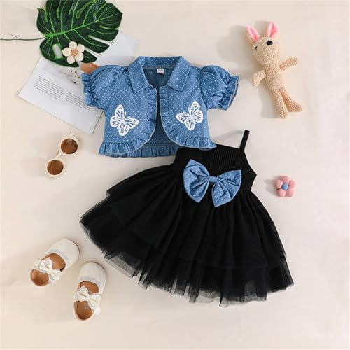 Baby Girl Summer Outfits Tulle Dress Sleeveless And Puff Sleeve Denim Jacket Baby Girl Clothes Set3