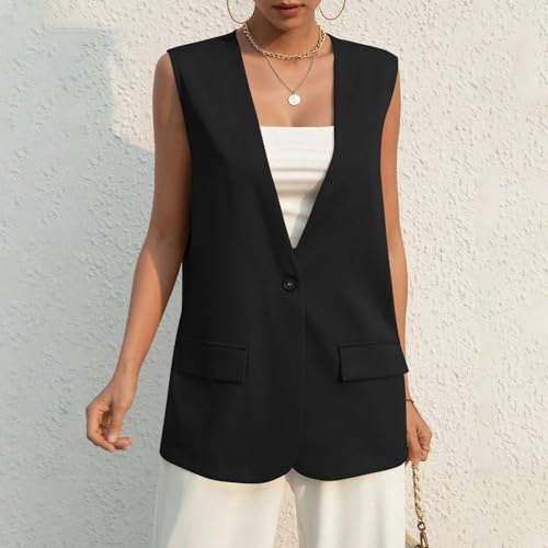 Womens Vest Top Trendy Button V Neck Summer Long Suit Vest with Pockets Dressy Casual Sleeveless Blazer Tops2