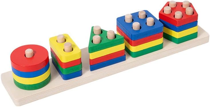 Practical Life/Sensory Geometric Column Colors & Shapes Puzzles Stacking Tower: Wooden Blocks 2-6 Years Old Toddlers Color Recognition Toy Educational Occupational Therapy STEM Gift