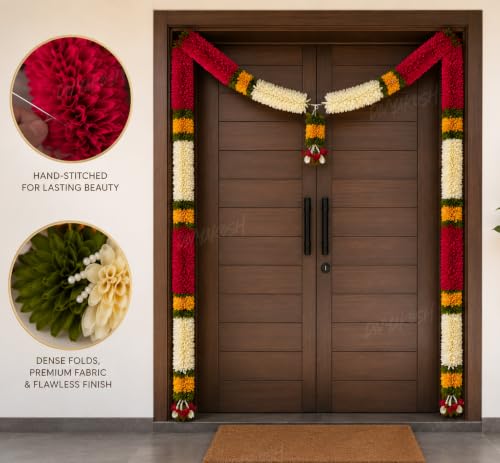 Image of Divyakosh Toran Set (with Side Hanging), Toran for Main Door Entrance, Fabric, Handmade, Dark Pink & White Floral Banderwal, Big Size, Width 3.5 FT & Height 4 FT