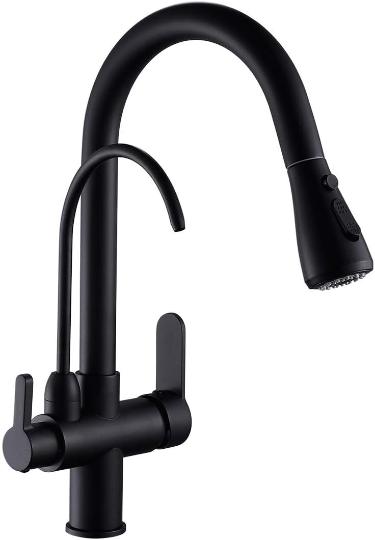 YOMYM Kitchen Sink Faucet with Pull Down Sprayer 2 Handle 3 in 1 Water Filter Purifier Faucets Black