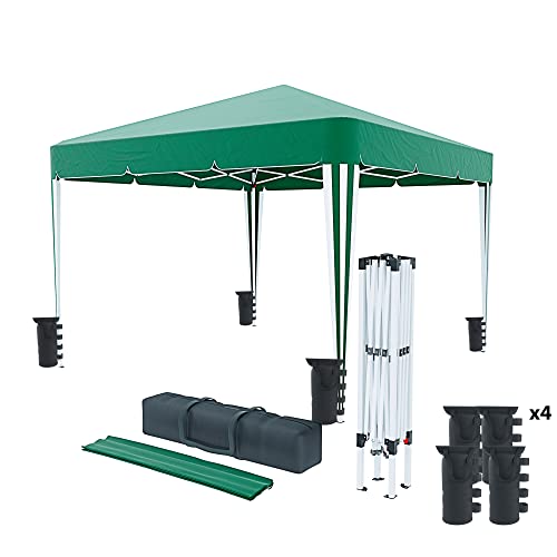 Cenador plegable de 3 x 3 m, impermeable, con 4 bolsas para pesas y bolsa de transporte. Cierre de acordeón para ferias, camping, exterior, piscina. Estructura de acero. Cobertura de 160 g/m² (verde)