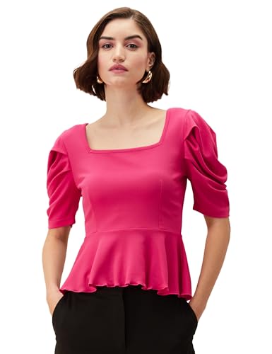 Image of Amazon Brand - Eden & Ivy Women Solid Crepe Square Neck Puff Sleeve Regular Fit Peplum Knit Top (Available in Plus Sizes)